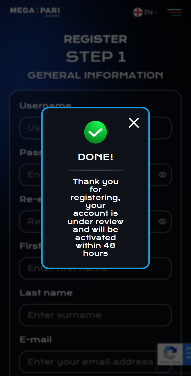 Begin your journey as a Megapari partner after successful moderation.