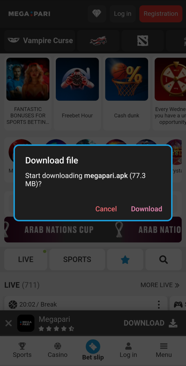 Confirm the start of the Megapari APK download by clicking the final Download button in the system notification window.