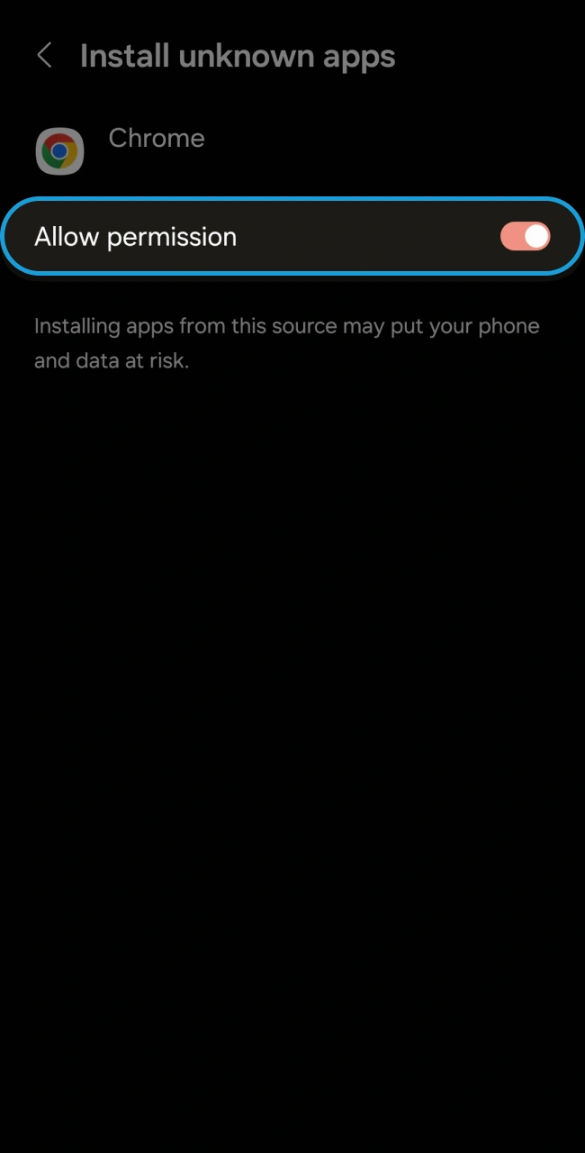 Grant permission to your mobile browser or file manager to install the Megapari APK by toggling the allow switch in your Android security settings.