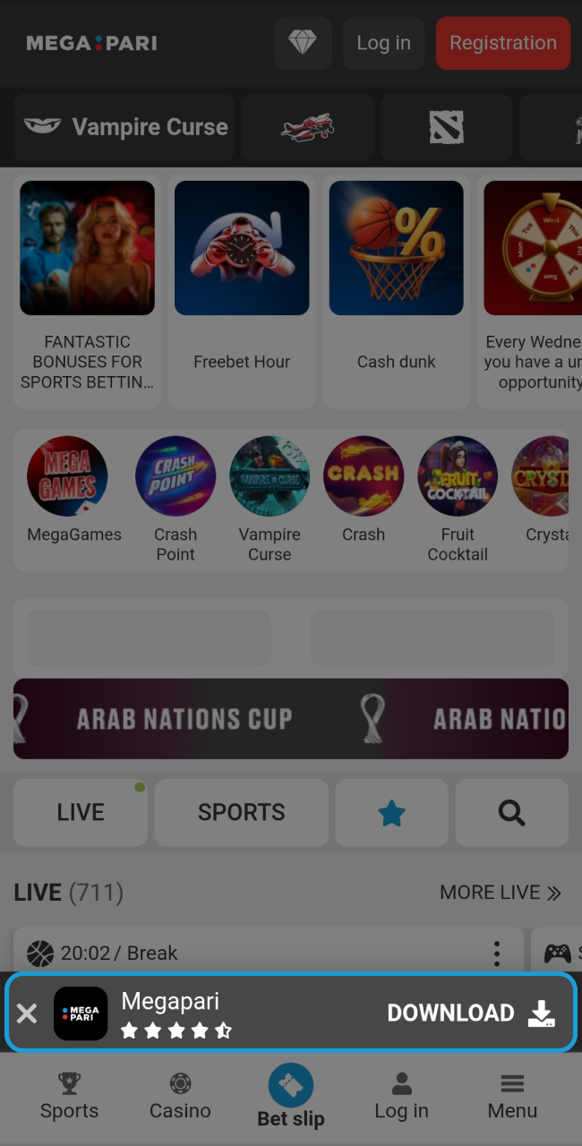 Access the Megapari mobile application download section by clicking the download banner at the bottom of the home screen.