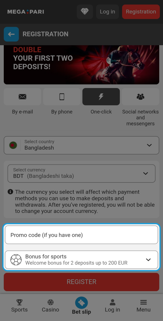 Boost your starting balance by entering an exclusive promo code in the designated field during your Megapari registration.