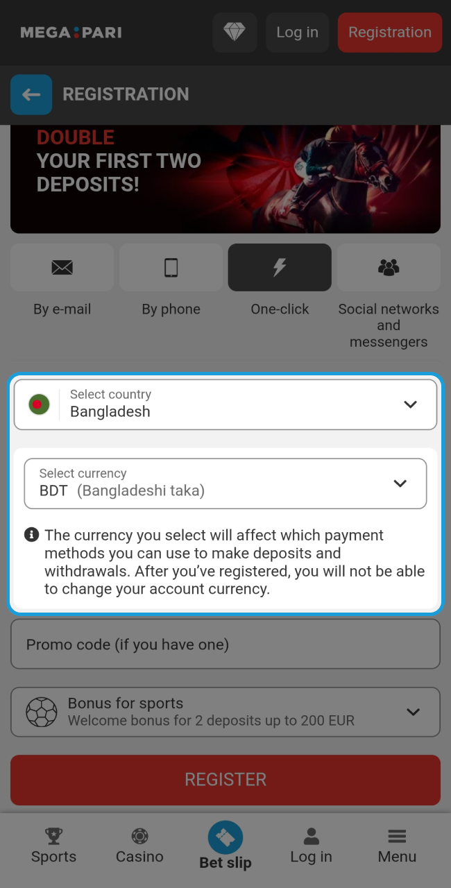Complete your Megapari registration by selecting your country and currency to access local betting markets.