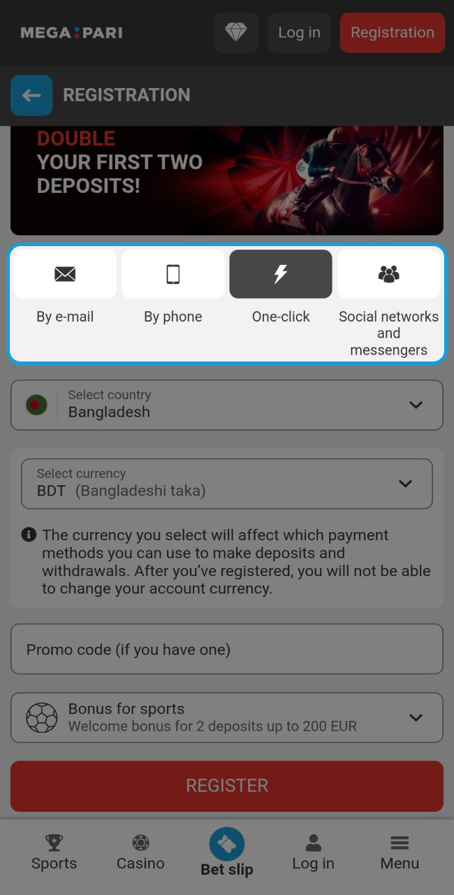 Select your preferred registration method on Megapari to quickly access the full sportsbook and casino library.