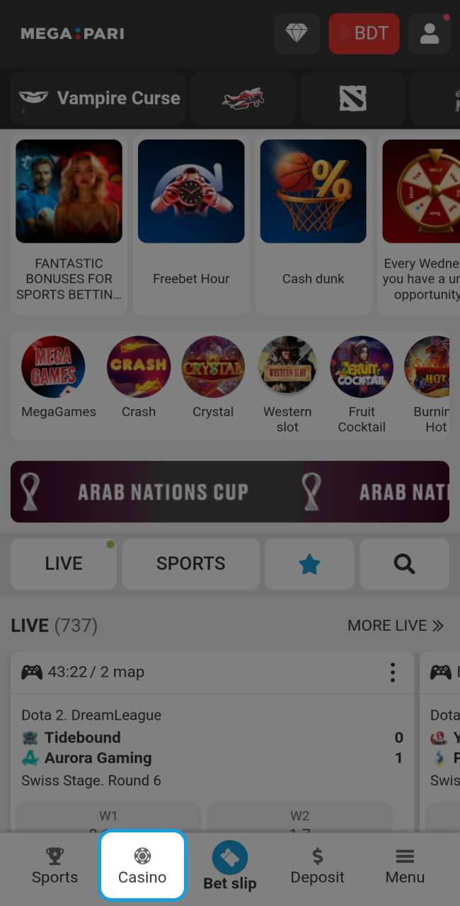 Tap the central casino icon on the Megapari bottom navigation bar to enter the world of premium gaming.