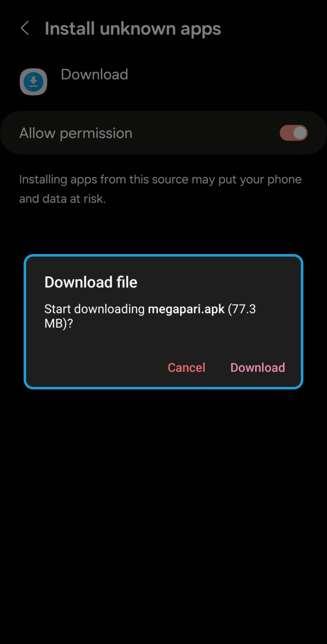 Locate and tap the completed megapari.apk file in your download history to begin the installation.