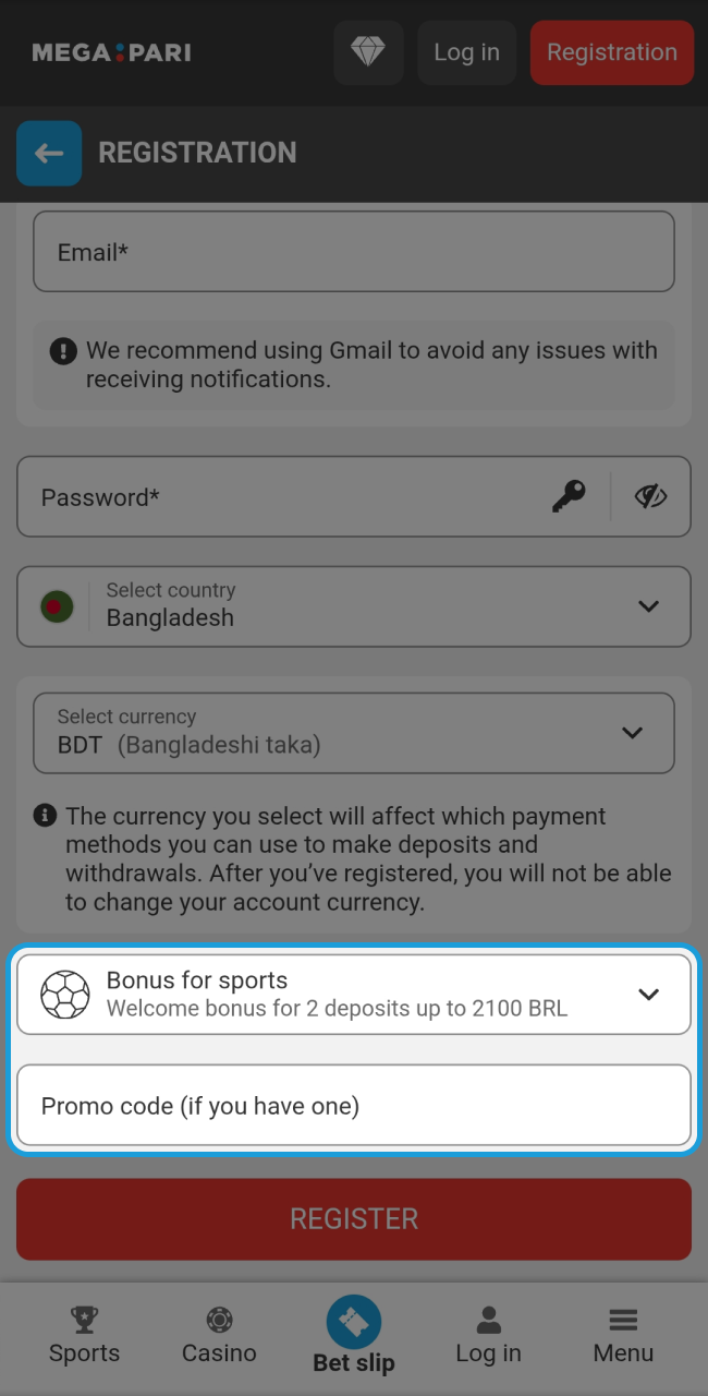 Apply a promo code during registration to unlock special bonuses and rewards at Megapari.