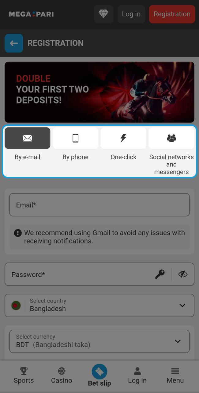 Select your preferred registration method to start winning at Megapari.