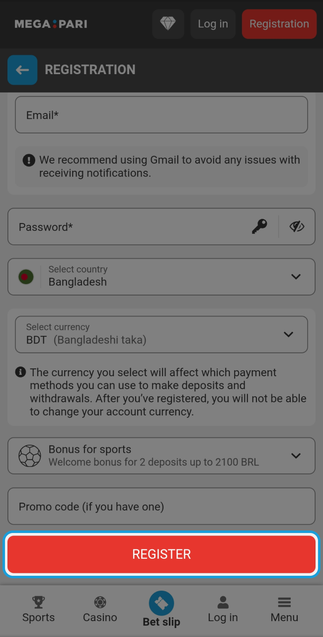Complete your account creation by clicking the final register button on the Megapari sign-up form.
