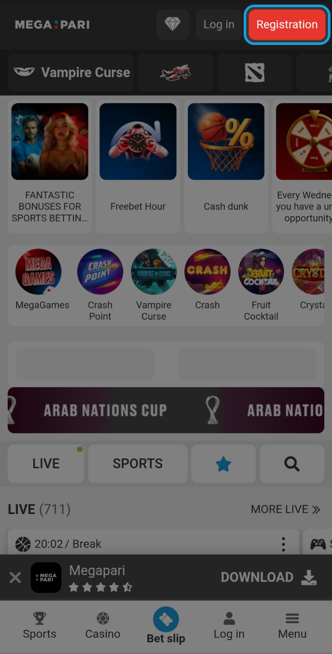 Click the registration button to start your Megapari journey.