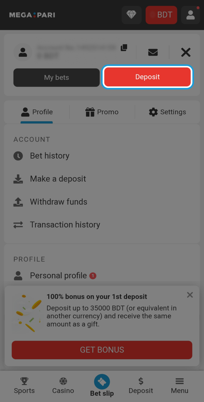 Access the secure deposit panel to fund your Megapari account.