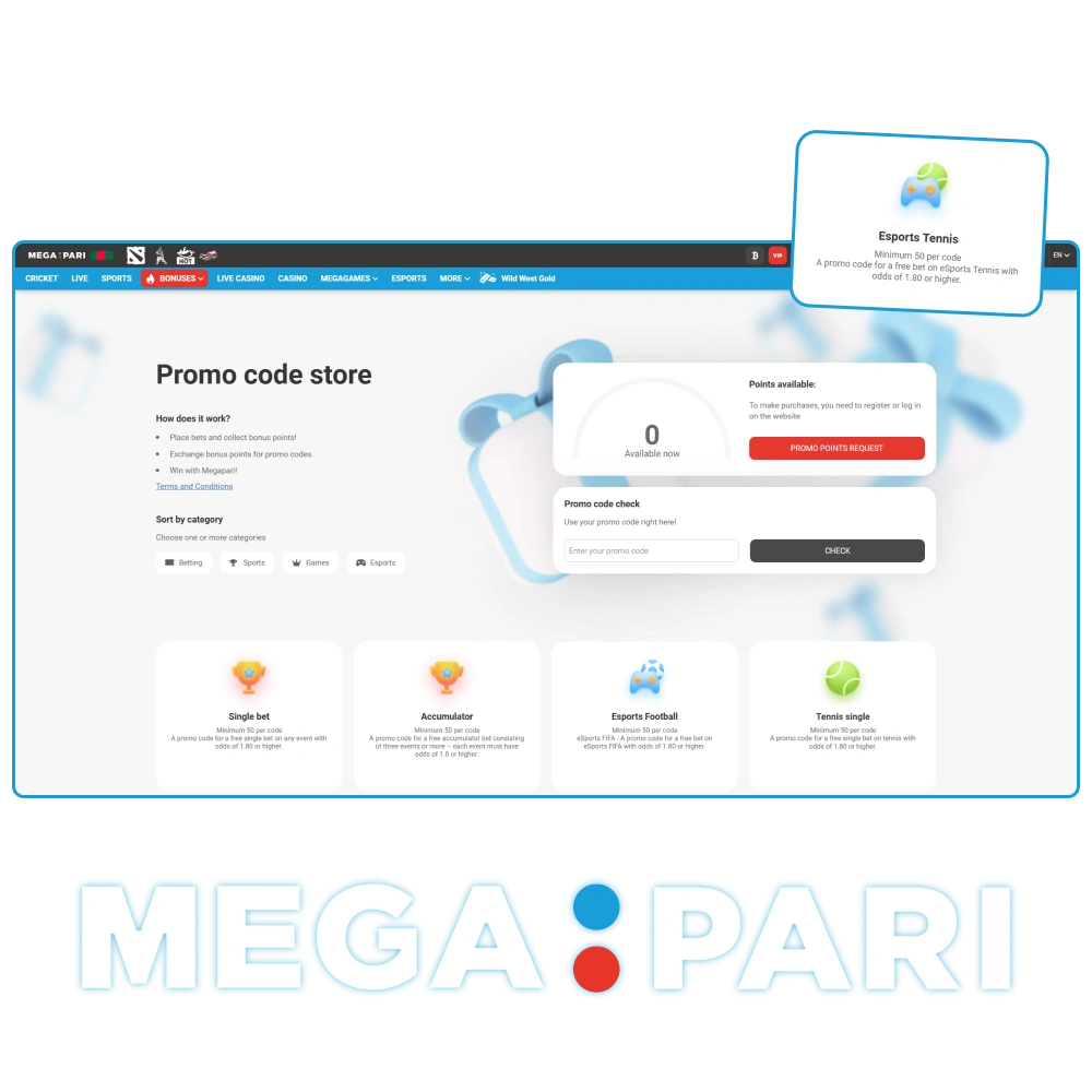 Redeem exclusive promo codes for extra rewards at Megapari.