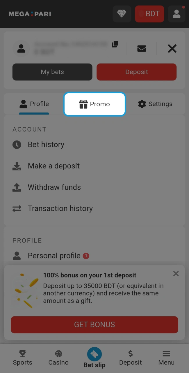 Access the deposit section to start your Megapari journey.