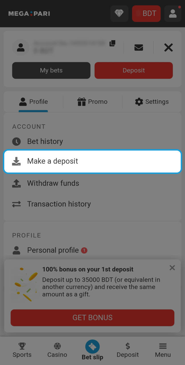 Access the Megapari financial menu by tapping the deposit button located in your personal account profile.