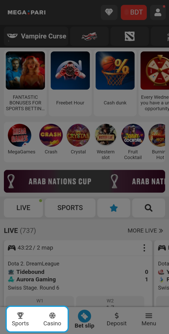 Toggle between global sports markets and an immersive online casino by using the dedicated navigation icons on the Megapari bottom bar.