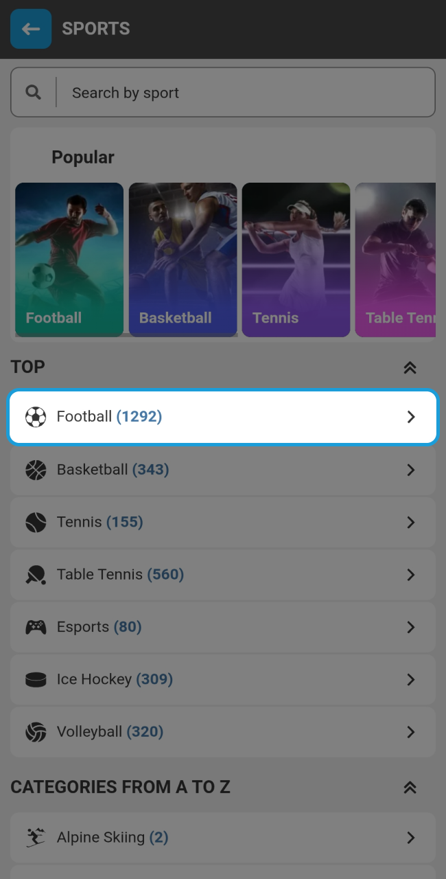 Browse through the categorized list of sports on Megapari to select your favorite match.