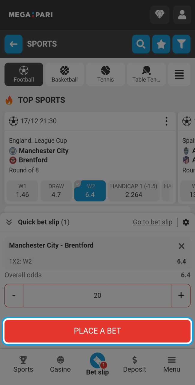 Finalize your wager by clicking the prominent red button to confirm your selected odds and stake on Megapari.