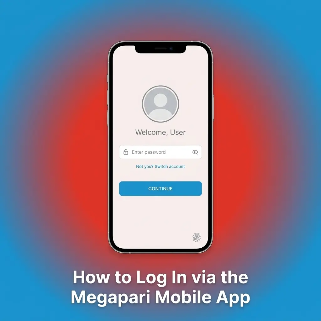Megapari mobile app login screen showing email, phone number, and password fields with Log In button