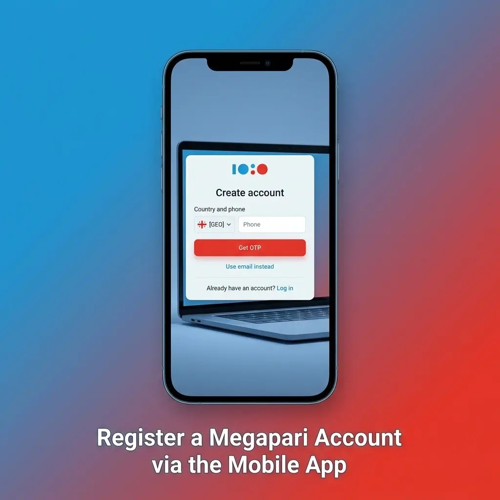 Megapari mobile app registration screen showing account signup steps with phone number and email options in BDT currency