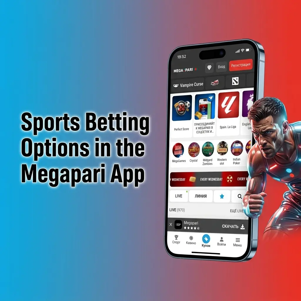 Megapari app sportsbook showing 30+ sports including cricket, kabaddi, football, tennis, and esports betting options