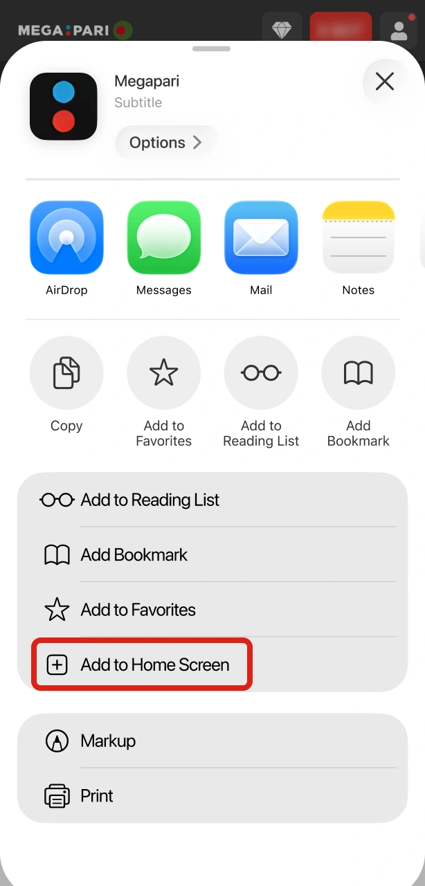 Select add to home screen to install the Megapari PWA.