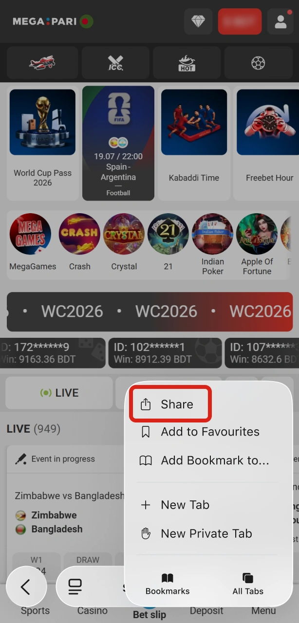 Tap the share button in your browser for Megapari PWA.