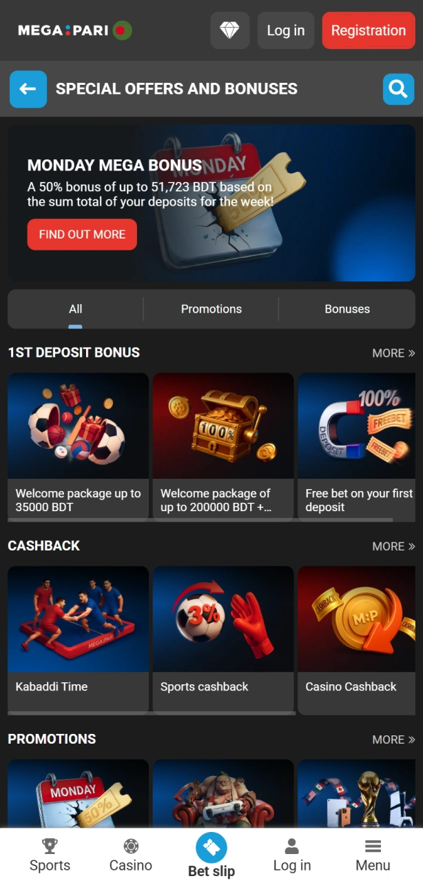 Activate generous welcome promotions inside the mobile Megapari App bonuses menu.