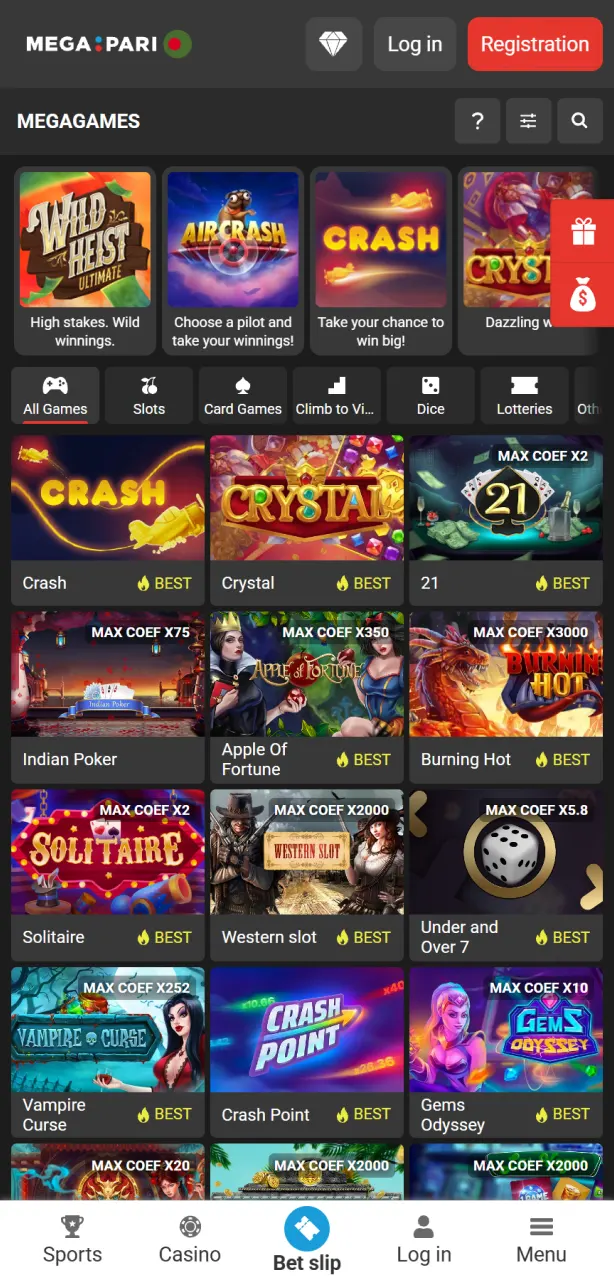 Play top online slots and live dealer games in the Megapari App casino lobby.