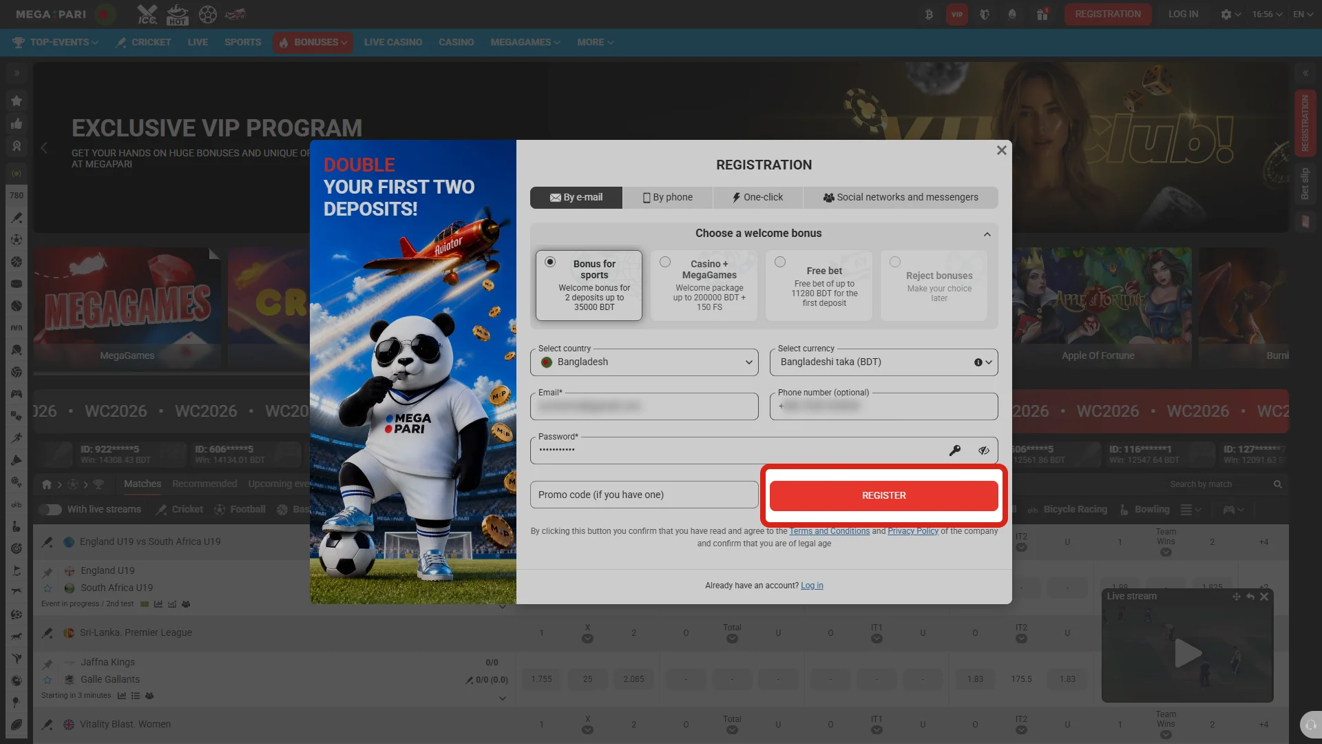 Accept the terms and complete registration at Megapari to start betting.