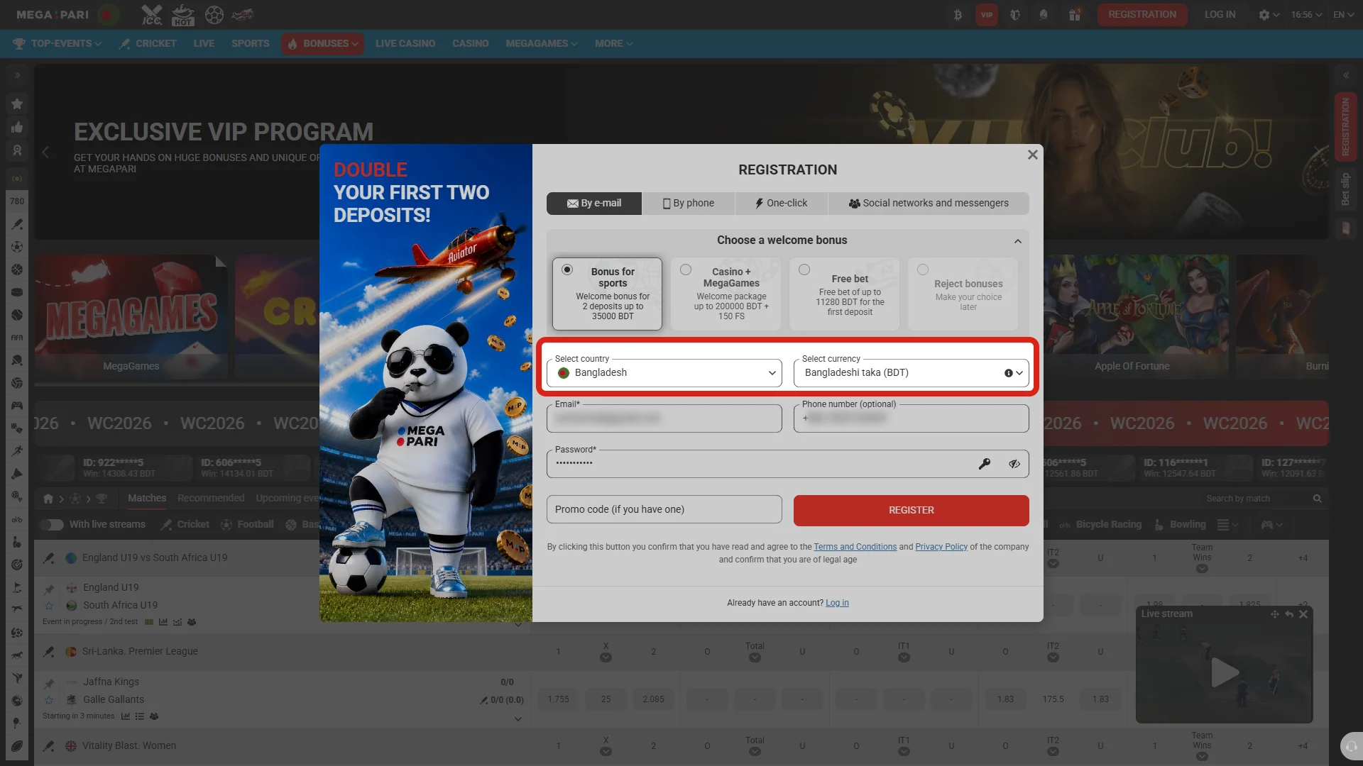 Select Bangladesh and your currency during the Megapari registration procedure.