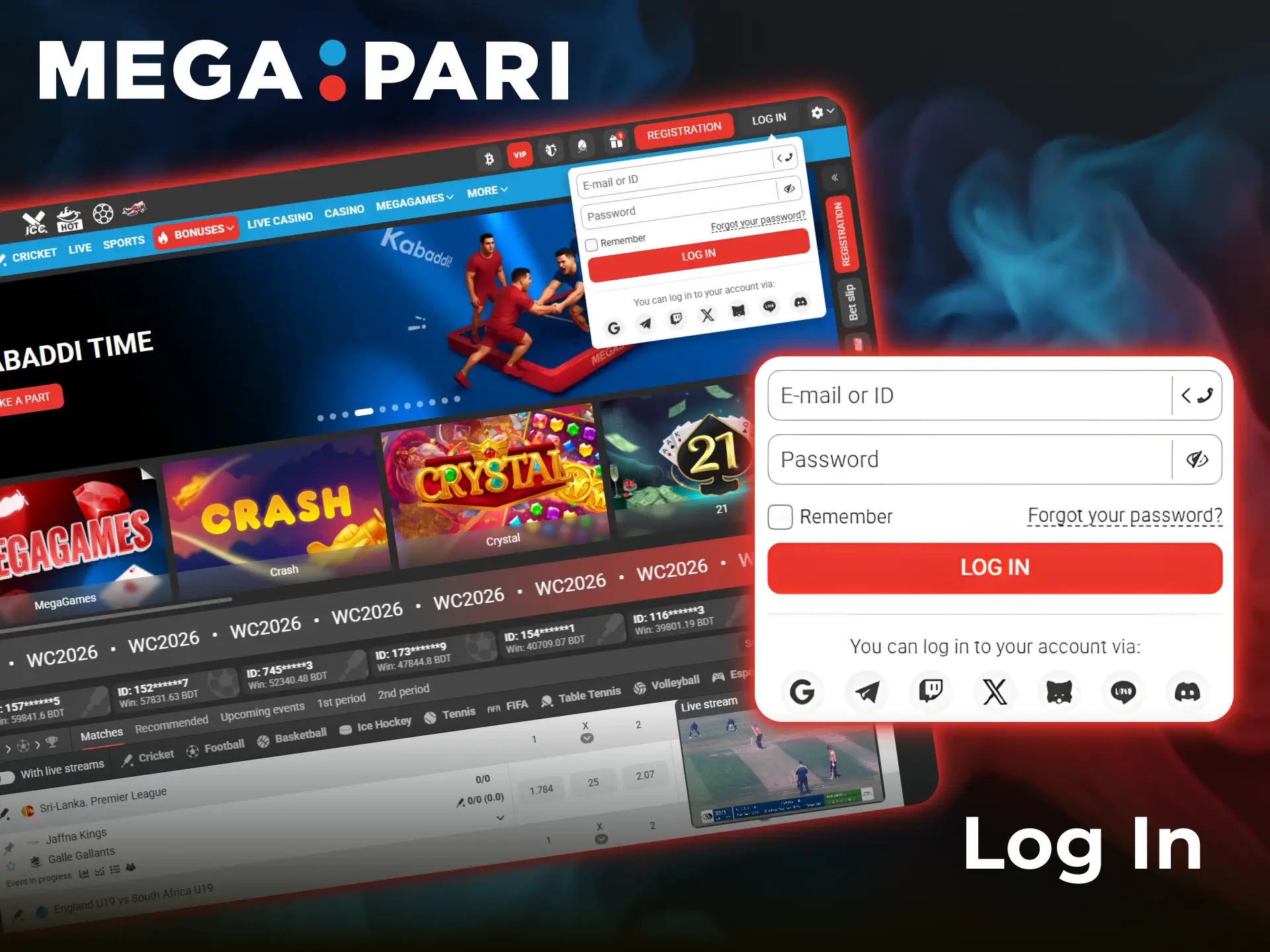 Log in to your Megapari betting profile to access the account.
